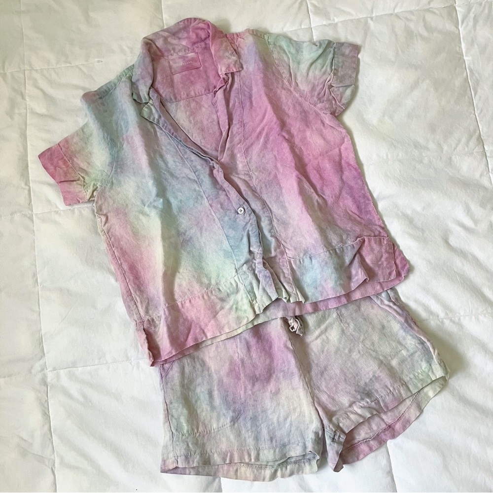 Everlane Pastel Tie-Dye Button-Down Top and Shorts Set - Pink, Blue, Green linen